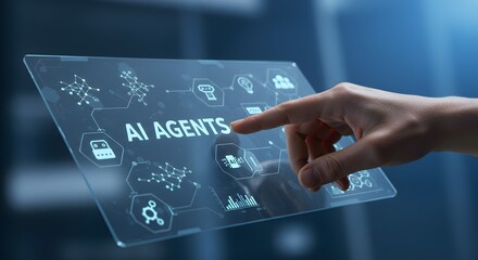 AI Agents Concept. Hand interacting with futuristic interface