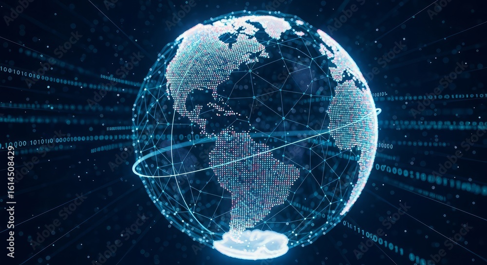 Poster futuristic digital globe with data connections and network grid representing global communication, i