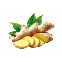 Fresh ginger root with vibrant green leaves and sliced pieces showing the yellow interior isolated on transparent background