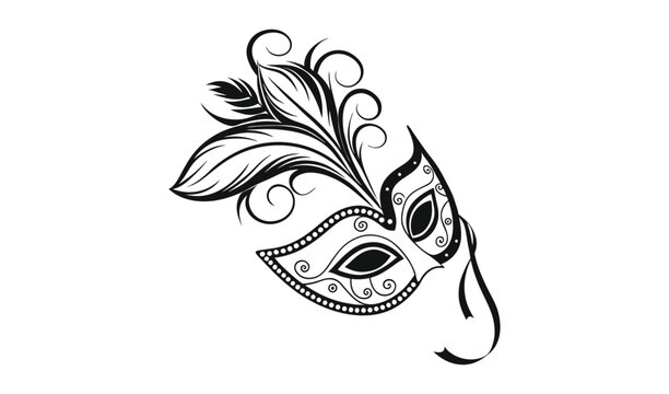 Elegant black and white ornate masquerade mask with feathers and swirls