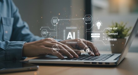 AI Technology Concept: Hands on Laptop Interacting with Artificial Intelligence System