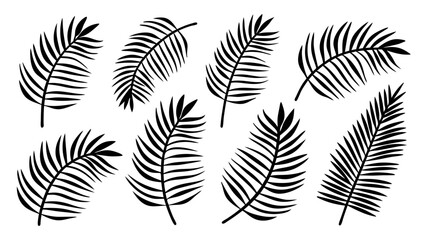 Tropical leaves line art bundle, Outline botanical vector icons including monstera, palm, banana, fern, palm fan silhouettes