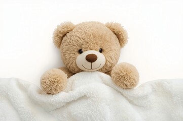 Teddy bear under blanket, white background, sleep, comfort, nursery
