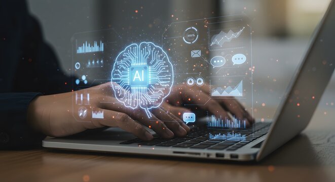 AI Technology Concept: Person Working on Laptop with Futuristic Interface