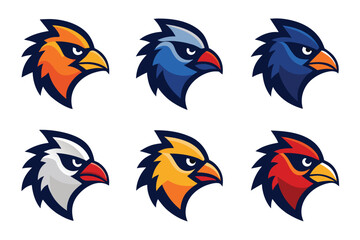 Vector art of a collection of six colorful eagle head logos and mascots isolated on white background