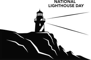 Vector art of a black and illustration commemorates national lighthouse day, featuring a lighthouse perched a rocky cliff, its light beams cutting through the air