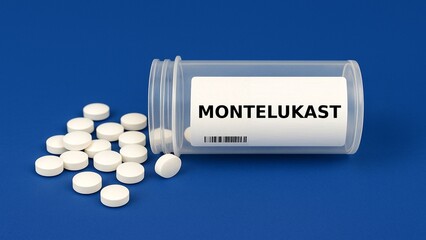 Box of MONTELUKAST tablets placed on a table, in hospital pharmacy–medication used for treating...