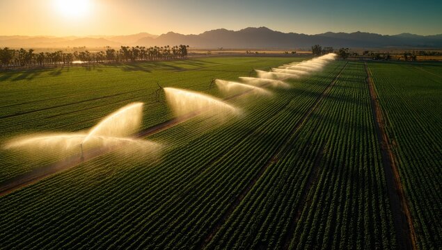 Aerial view of sunlit agricultural field with irrigation system
