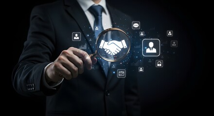 Business Deal and Partnership Concept: Handshake Icon in Magnifying Glass, Conceptual Illustration