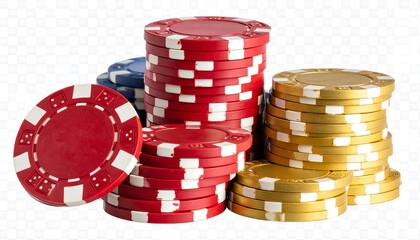 Stacks of red, blue, and gold poker chips on a white background