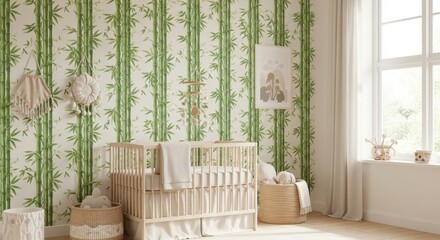 Serene nursery with green bamboo wallpaper and crib