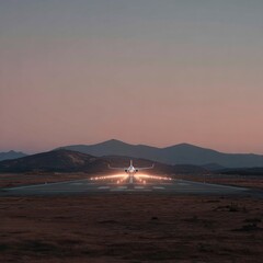 Airplane taking off at sunset, runway lights illuminate the path