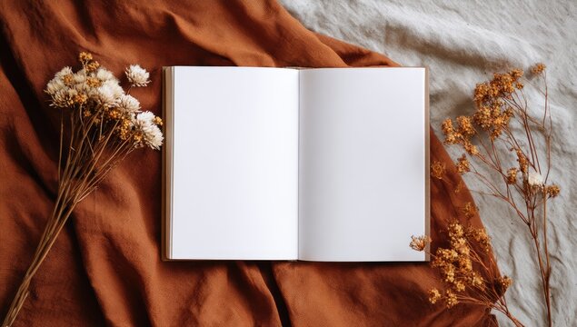 Open notebook on terracotta linen, dried flowers
