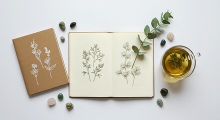 Botanical sketches tea and stones flat lay