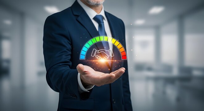 Business Handshake Agreement Rating Concept. Businessman Holding a Digital Meter with Handshake Icon