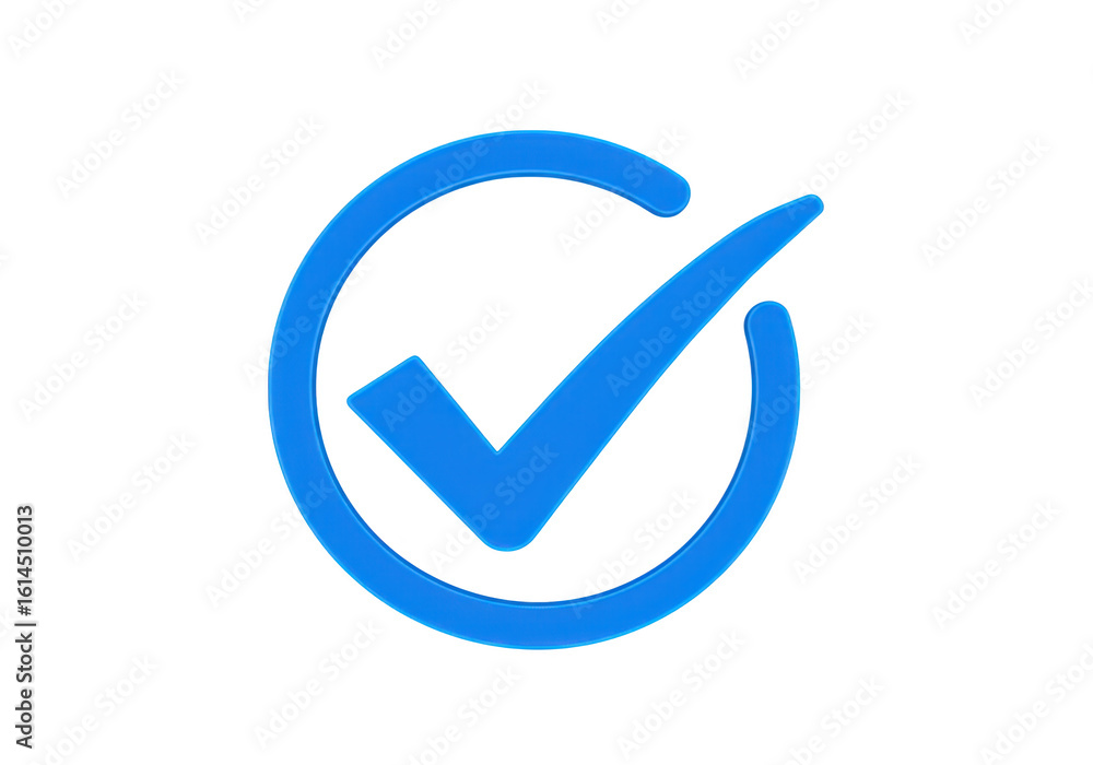 Poster a bright blue check mark inside a circular border, isolated on a transparent background