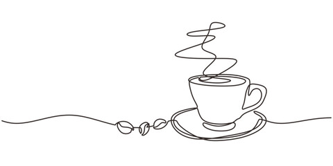 Hot coffee cup with steam and beans for coffee shop and cafe concept. Continuous one line drawing vector.