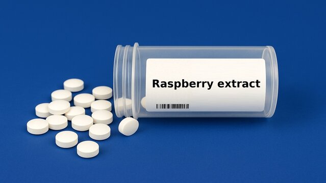 Box of RASPBERRY EXTRACT tablets placed on a table, in hospital pharmacy&ndash;medication used as a dietary supplement for antioxidant and metabolic support. Plastic pharmaceutical box with tablets.

