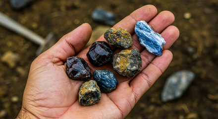 Hand Holding Rough Gemstones at Excavation Site