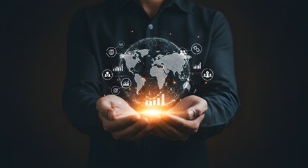 Businessman Holding Global Network and Data Visualization, Business Technology Concept