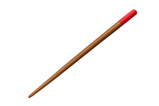 Single wooden chopstick with red tip on transparent background
