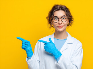 Female doctor wearing glasses and blue gloves points to the side with her fingers on an isolated yellow background