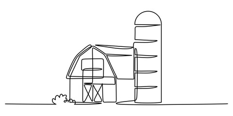 Hand drawn continuous one line drawing of a barn and silo, representing countryside living. © berkahlineart