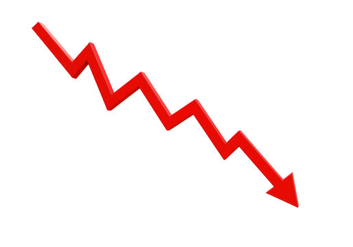A red 3d arrow pointing downwards, indicating decline and loss isolated on transparent background