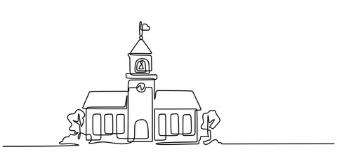 Minimalist single line drawing of a school building, academic institution architecture with a bell tower.