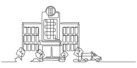 Hospital building. Continuous line drawing and vector illustration of medical and health care.