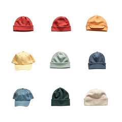 Variety of colorful hats against a black background.