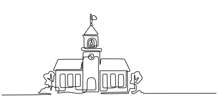 Minimalist single line drawing of a school building, academic institution architecture with a bell tower.