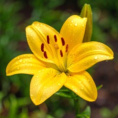 Close-up of a bright yellow lily with dew drops