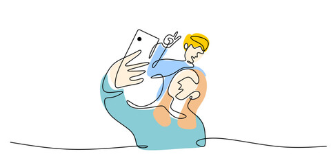 Two friends taking selfies. Continuous one line drawing for Friendship Day concept with minimalist colors.