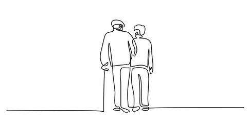 One line drawing of a son with his elderly father symbolizing the bond between generations.