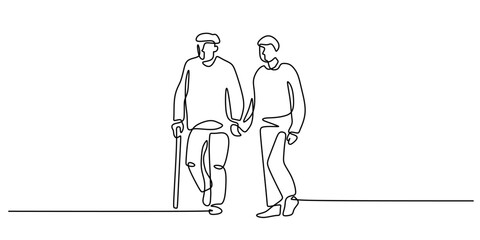 Continuous one line drawing of a young person helping an elderly man with a cane, symbolizing family care.