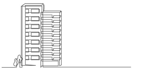 Modern apartment buildings. One line drawing and minimalist continuous line art of urban living.