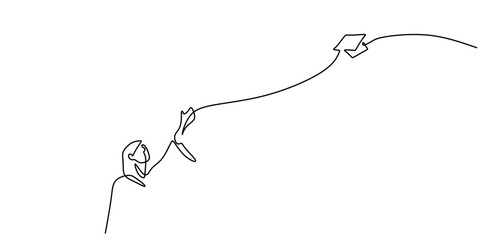 Graduate tossing a mortarboard cap, one line drawing, concept of success, freedom, and achievement.