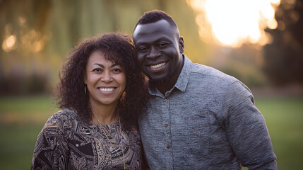 A smiling interracial couple enjoying golden hour in a soft, blurred park setting.