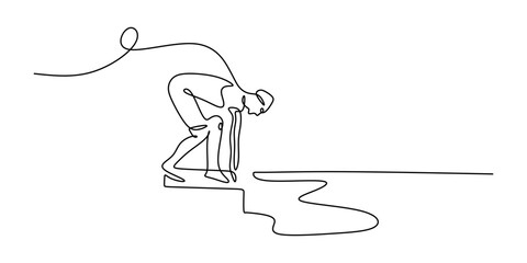 One line drawing of a male swimmer jumping into pool. Minimalist vector of sport action in swimwear