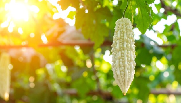 White gourd hanging from vine, sunny greenhouse