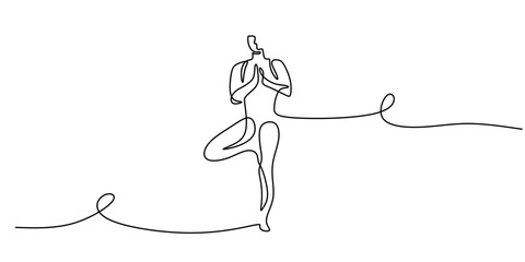 One line drawing of a person in tree pose. Single continuous outline with editable stroke.