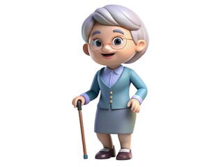 Smiling 3D elderly lady cartoon with cane, purple dress and gray hair bun, on a white background.