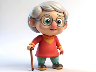 Happy 3D grandma character with a cane, friendly expression, standing upright, white background.