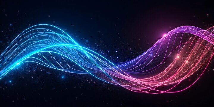 Vibrant neon wave of light particles flowing across a dark cosmic background with subtle sparkles