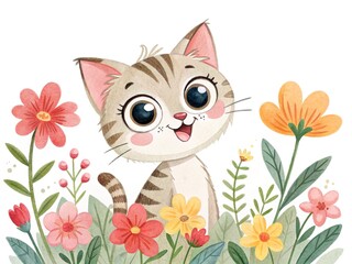 Happy little cat surrounded by colorful flowers, watercolor style, isolated on white background.