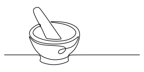 Mortar and pestle in continuous line drawing style. Hand drawn minimalist vector illustration.
