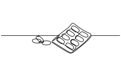 Blister pack and pills continuous one line an drawing. Minimalist vector for healthcare concepts.