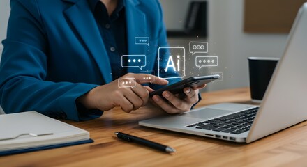 Businesswoman Using AI Technology on Smartphone, Artificial Intelligence Concept