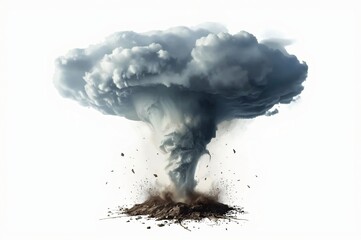Stormy funnel cloud over ground, isolated, white background, disaster concept